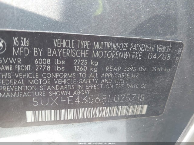 Продажа на аукционе авто 2008 Bmw X5 3.0si, vin: 5UXFE43568L025715, номер лота: 45713673