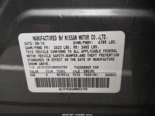 Aukcja sprzedaży 2011 Infiniti G25x, vin: JN1DV6AR2BM650756, numer aukcji: 45713677