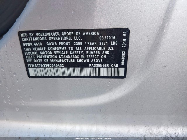 Aukcja sprzedaży 2016 Volkswagen Passat 1.8t S, vin: 1VWAT7A33GC040432, numer aukcji: 45713682