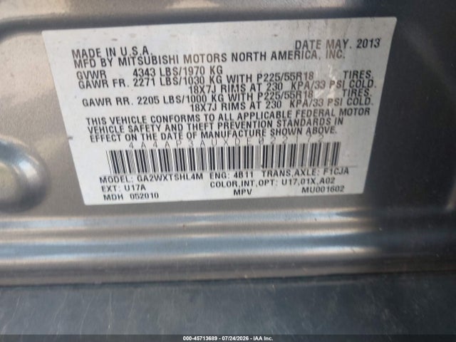 2013 Mitsubishi Outlander Sport Es მანქანა იყიდება აუქციონზე, vin: 4A4AP3AUXDE022172, აუქციონის ნომერი: 45713689