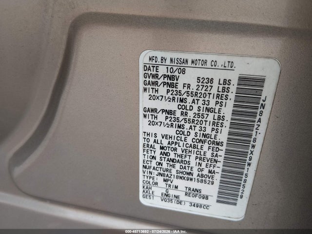 Продаж на аукціоні авто 2009 Nissan Murano Le, vin: JN8AZ18WX9W158529, номер лоту: 45713692