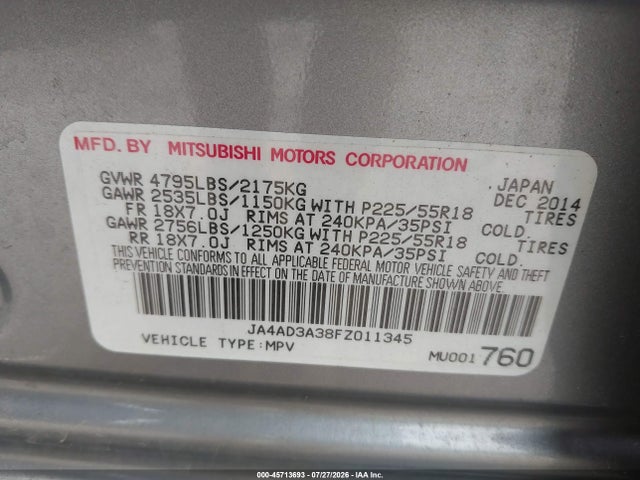 Aukcja sprzedaży 2015 Mitsubishi Outlander Se, vin: JA4AD3A38FZ011345, numer aukcji: 45713693