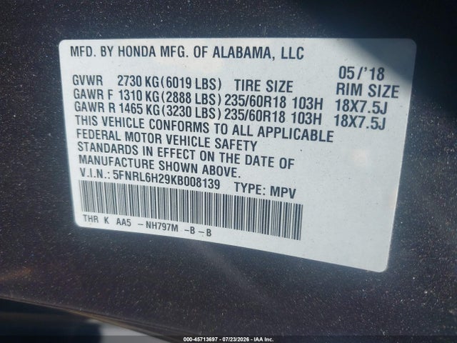 Honda ODYSSEY LX 2019 5FNRL6H29KB008139 Image 9