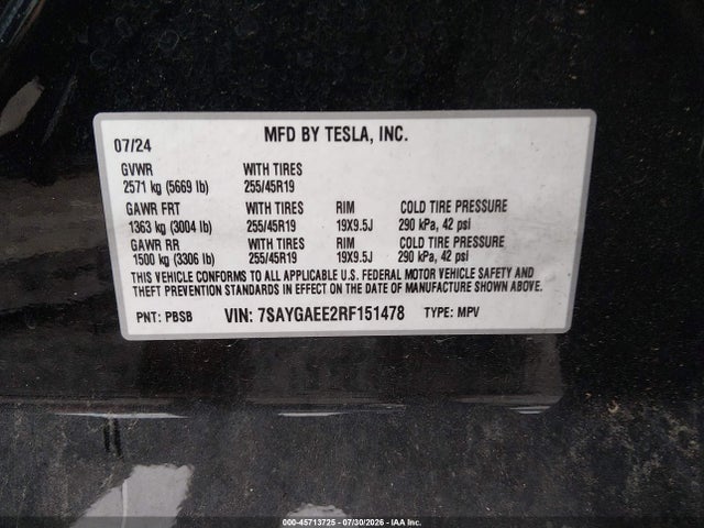 Aukcja sprzedaży 2024 Tesla Model Y Long Range Dual Motor All-wheel Drive, vin: 7SAYGAEE2RF151478, numer aukcji: 45713725