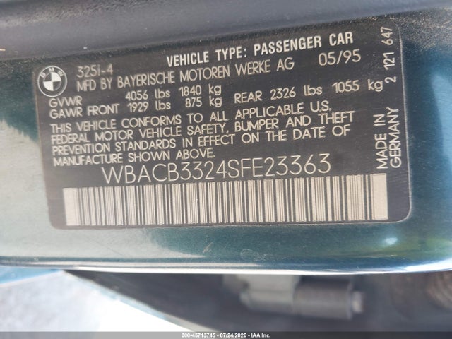 Aukcja sprzedaży 1995 Bmw 325 I, vin: WBACB3324SFE23363, numer aukcji: 45713745