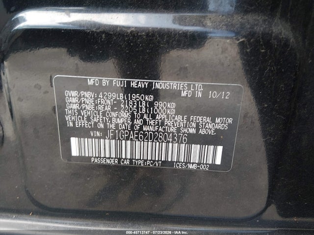 Продаж на аукціоні авто 2013 Subaru Impreza 2.0i Premium, vin: JF1GPAE62D2804376, номер лоту: 45713747