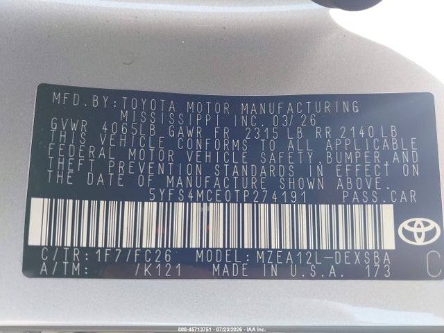 Aukcja sprzedaży 2026 Toyota Corolla Se, vin: 5YFS4MCE0TP274191, numer aukcji: 45713751