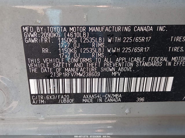 Aukcja sprzedaży 2021 Toyota Rav4 Xle, vin: 2T3P1RFV7MW238609, numer aukcji: 45713775
