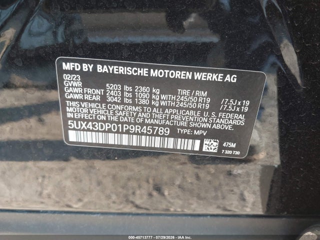 Aukcja sprzedaży 2023 Bmw X3 Sdrive30i, vin: 5UX43DP01P9R45789, numer aukcji: 45713777