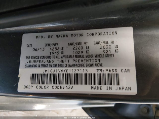 Aukcja sprzedaży 2014 Mazda Mazda6 I Touring, vin: JM1GJ1V6XE1127113, numer aukcji: 45713783
