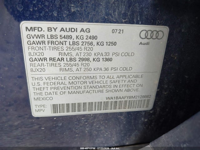 Продаж на аукціоні авто 2021 Audi Q5 Premium Plus 45 Tfsi Quattro S Tronic, vin: WA1BAAFY8M2128662, номер лоту: 45713786