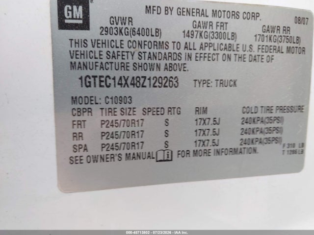 Продажа на аукционе авто 2008 Gmc Sierra 1500 Work Truck, vin: 1GTEC14X48Z129263, номер лота: 45713802