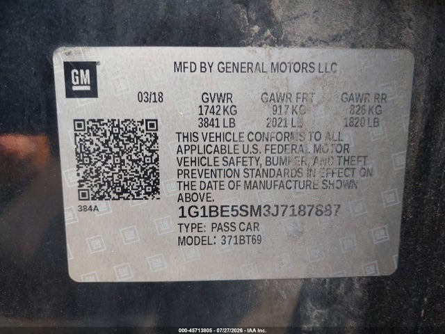 Aukcja sprzedaży 2018 Chevrolet Cruze Lt Auto, vin: 1G1BE5SM3J7187887, numer aukcji: 45713805