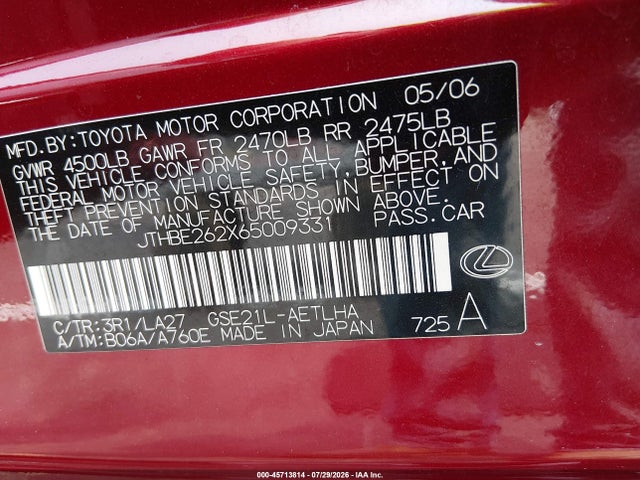 Продажа на аукционе авто 2006 Lexus Is 350, vin: JTHBE262X65009331, номер лота: 45713814