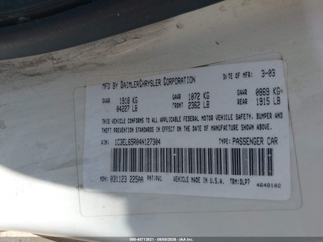 45713821 :رقم المزاد ، 1C3EL65R04N127304 vin ، 2004 Chrysler Sebring Limited مزاد بيع