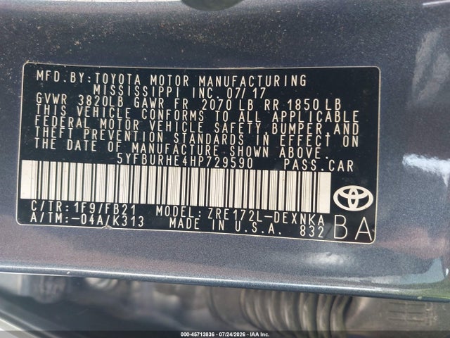 45713836 :رقم المزاد ، 5YFBURHE4HP729590 vin ، 2017 Toyota Corolla Le مزاد بيع