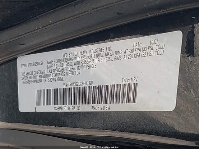 45713838 :رقم المزاد ، 4S4WX92DX84411920 vin ، 2008 Subaru Tribeca Limited 5-passenger مزاد بيع