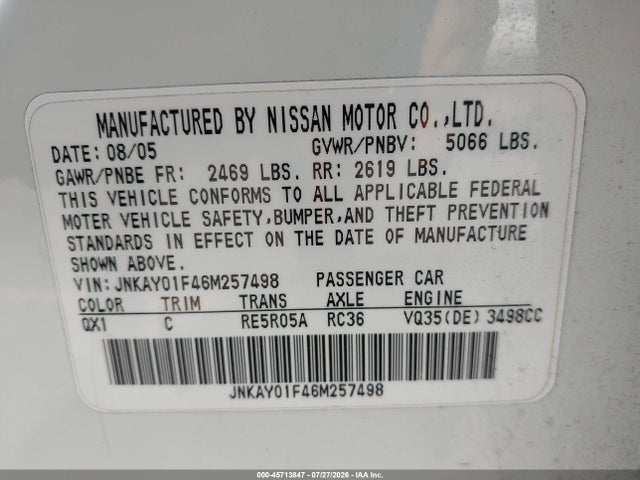 Aukcja sprzedaży 2006 Infiniti M35x, vin: JNKAY01F46M257498, numer aukcji: 45713847