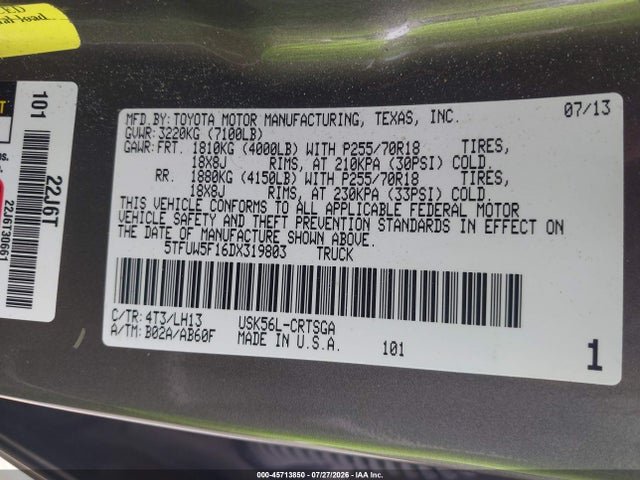 45713850 :رقم المزاد ، 5TFUW5F16DX319803 vin ، 2013 Toyota Tundra Grade 5.7l V8 مزاد بيع