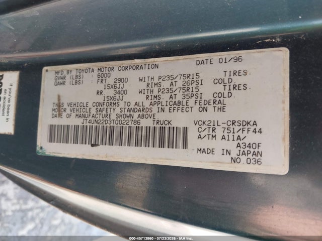 45713860 :رقم المزاد ، JT4UN22D3T0022786 vin ، 1996 Toyota T100 Xtracab مزاد بيع