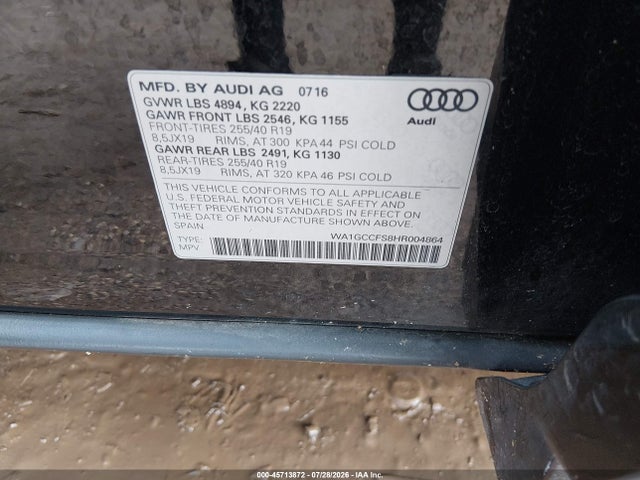2017 Audi Q3 2.0t Premium მანქანა იყიდება აუქციონზე, vin: WA1GCCFS8HR004864, აუქციონის ნომერი: 45713872
