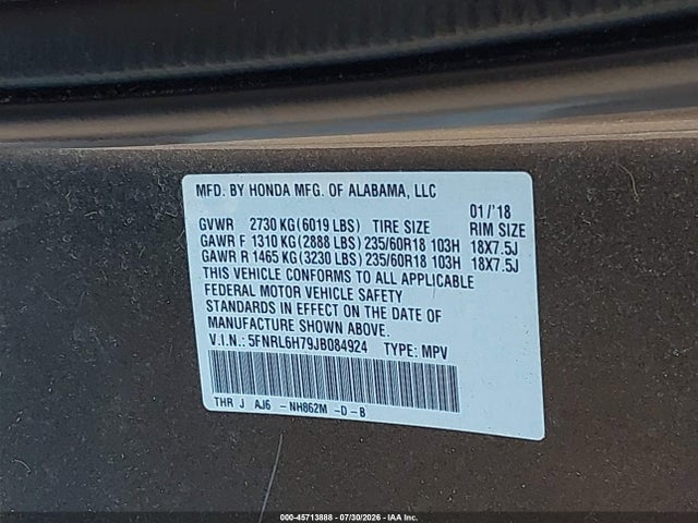 Honda Odyssey Ex-l 2018 5FNRL6H79JB084924 Image 9