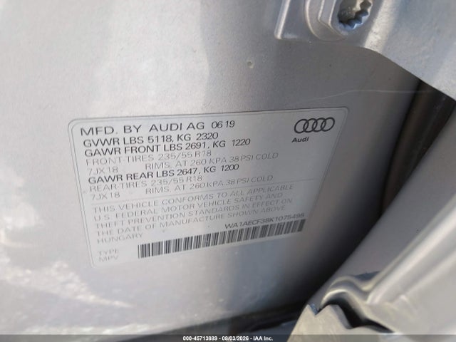 Продаж на аукціоні авто 2019 Audi Q3 2.0t Premium, vin: WA1AECF38K1075495, номер лоту: 45713889