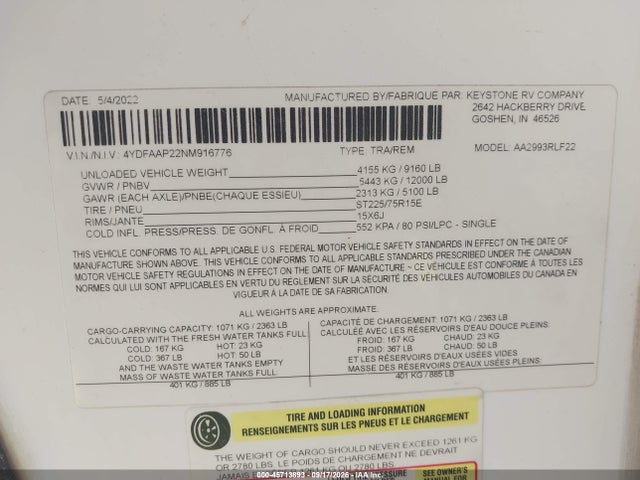 45713893 :رقم المزاد ، 4YDFAAP22NM916776 vin ، 2022 Keystone Astoria مزاد بيع
