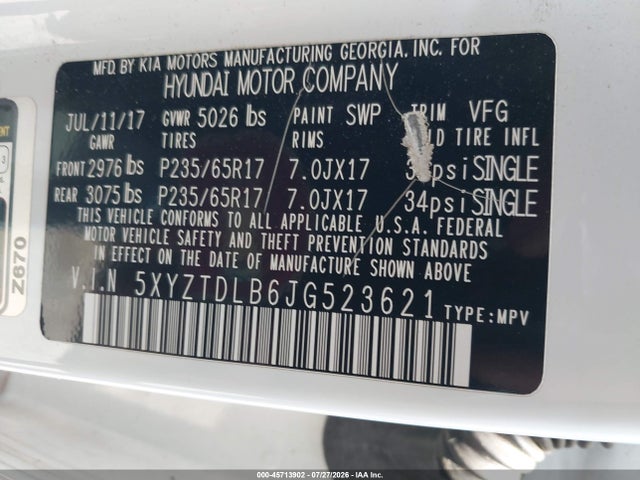 2018 Hyundai Santa Fe Sport 2.4l მანქანა იყიდება აუქციონზე, vin: 5XYZTDLB6JG523621, აუქციონის ნომერი: 45713902