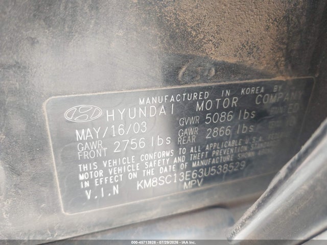 Aukcja sprzedaży 2003 Hyundai Santa Fe Gls/lx, vin: KM8SC13E63U538529, numer aukcji: 45713928