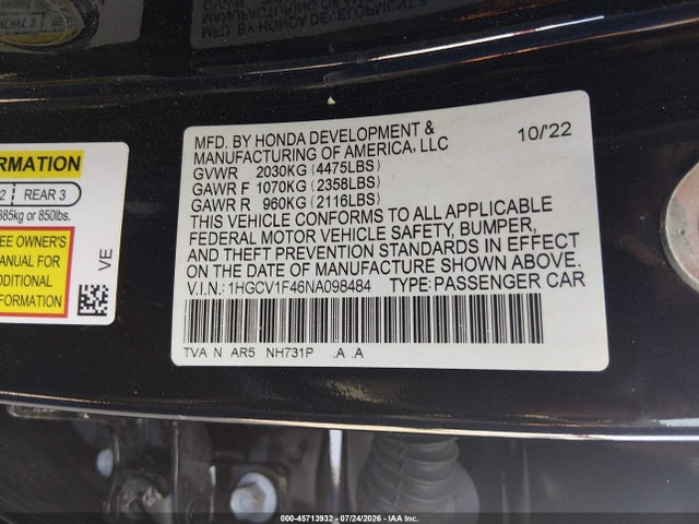 2022 Honda Accord Sport Special Edition მანქანა იყიდება აუქციონზე, vin: 1HGCV1F46NA098484, აუქციონის ნომერი: 45713932