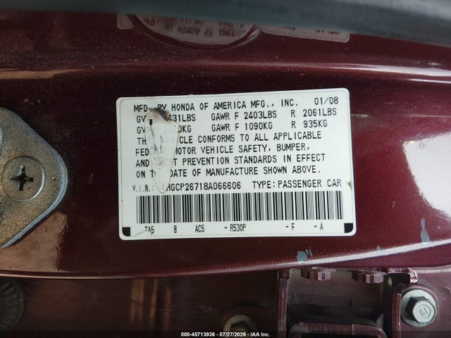2008 Honda Accord 2.4 Ex მანქანა იყიდება აუქციონზე, vin: 1HGCP26718A066606, აუქციონის ნომერი: 45713936