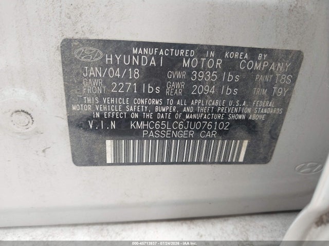 2018 Hyundai Ioniq Hybrid Blue მანქანა იყიდება აუქციონზე, vin: KMHC65LC6JU076102, აუქციონის ნომერი: 45713937