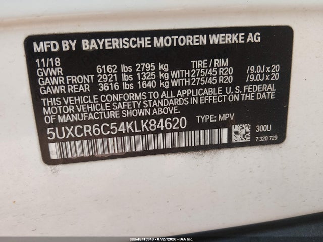 Auction sale of the 2019 Bmw X5 Xdrive40i, vin: 5UXCR6C54KLK84620, lot number: 45713940