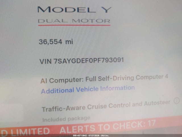 Auction sale of the 2023 Tesla Model Y Performance Dual Motor All-wheel Drive, vin: 7SAYGDEF0PF793091, lot number: 45713942