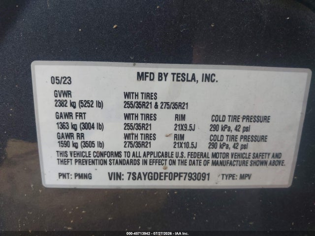 Auction sale of the 2023 Tesla Model Y Performance Dual Motor All-wheel Drive, vin: 7SAYGDEF0PF793091, lot number: 45713942