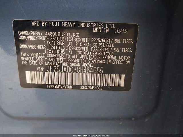 2016 Subaru Forester 2.5i Premium მანქანა იყიდება აუქციონზე, vin: JF2SJADC3GH464655, აუქციონის ნომერი: 45713945