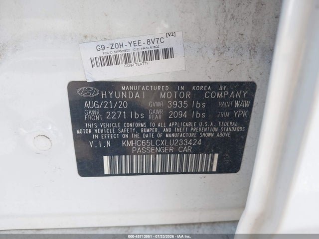 Продаж на аукціоні авто 2020 Hyundai Ioniq Hybrid Blue, vin: KMHC65LCXLU233424, номер лоту: 45713951