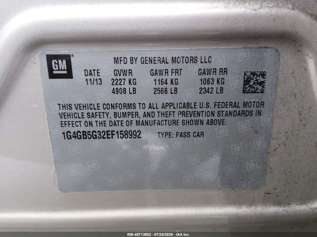 Aukcja sprzedaży 2014 Buick Lacrosse Leather Group, vin: 1G4GB5G32EF158992, numer aukcji: 45713952