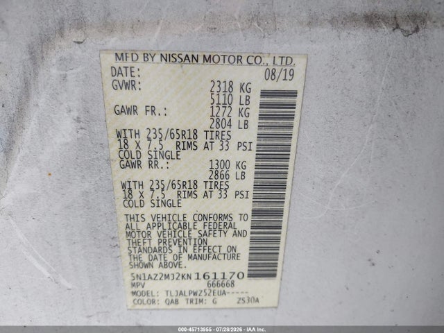 45713955 :رقم المزاد ، 5N1AZ2MJ2KN161170 vin ، 2019 Nissan Murano S مزاد بيع