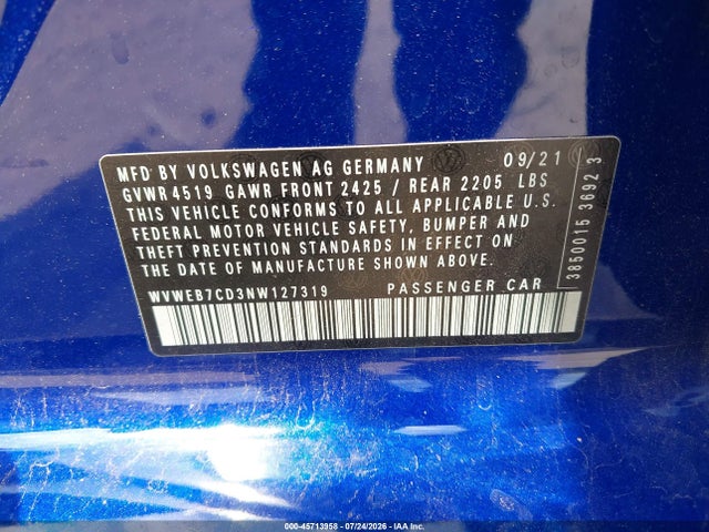 Продажа на аукционе авто 2022 Volkswagen Golf R 2.0t, vin: WVWEB7CD3NW127319, номер лота: 45713958