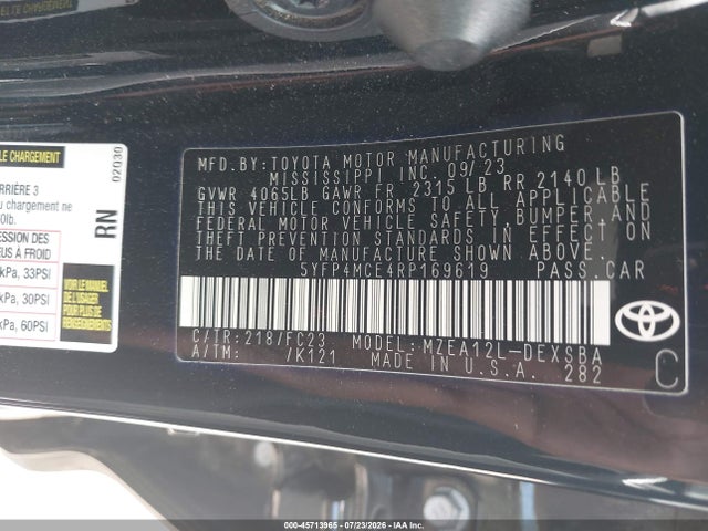 2024 Toyota Corolla Se მანქანა იყიდება აუქციონზე, vin: 5YFP4MCE4RP169619, აუქციონის ნომერი: 45713965