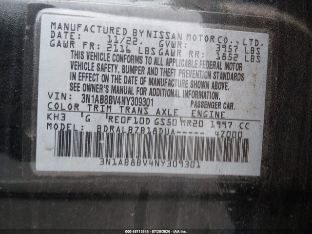2022 Nissan Sentra S Xtronic Cvt მანქანა იყიდება აუქციონზე, vin: 3N1AB8BV4NY309301, აუქციონის ნომერი: 45713988