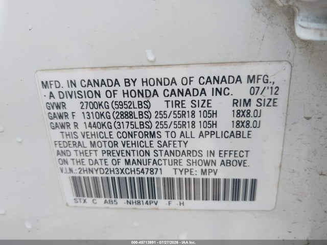 Aukcja sprzedaży 2012 Acura Mdx Technology Package, vin: 2HNYD2H3XCH547871, numer aukcji: 45713991