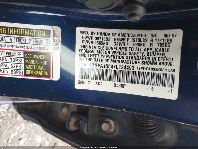 2007 Honda Civic Lx მანქანა იყიდება აუქციონზე, vin: 1HGFA15547L124493, აუქციონის ნომერი: 45713995