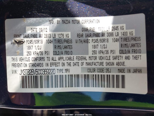 Aukcja sprzedaży 2012 Mazda Cx-9 Sport, vin: JM3TB2BV5C0369220, numer aukcji: 45713997