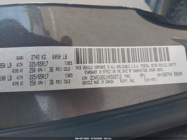 Aukcja sprzedaży 2017 Dodge Grand Caravan Se Plus, vin: 2C4RDGBG1HR568712, numer aukcji: 45714003