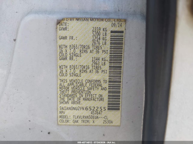 Aukcja sprzedaży 2015 Nissan Xterra S, vin: 5N1AN0NU2FN652255, numer aukcji: 45714012