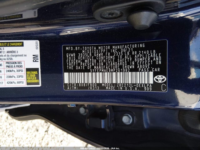 Aukcja sprzedaży 2021 Toyota Corolla Le, vin: 5YFEPMAE9MP261982, numer aukcji: 45714023
