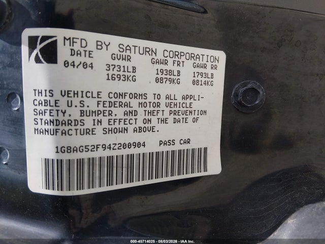 45714025 :رقم المزاد ، 1G8AG52F94Z200904 vin ، 2004 Saturn Ion Ion 1 مزاد بيع